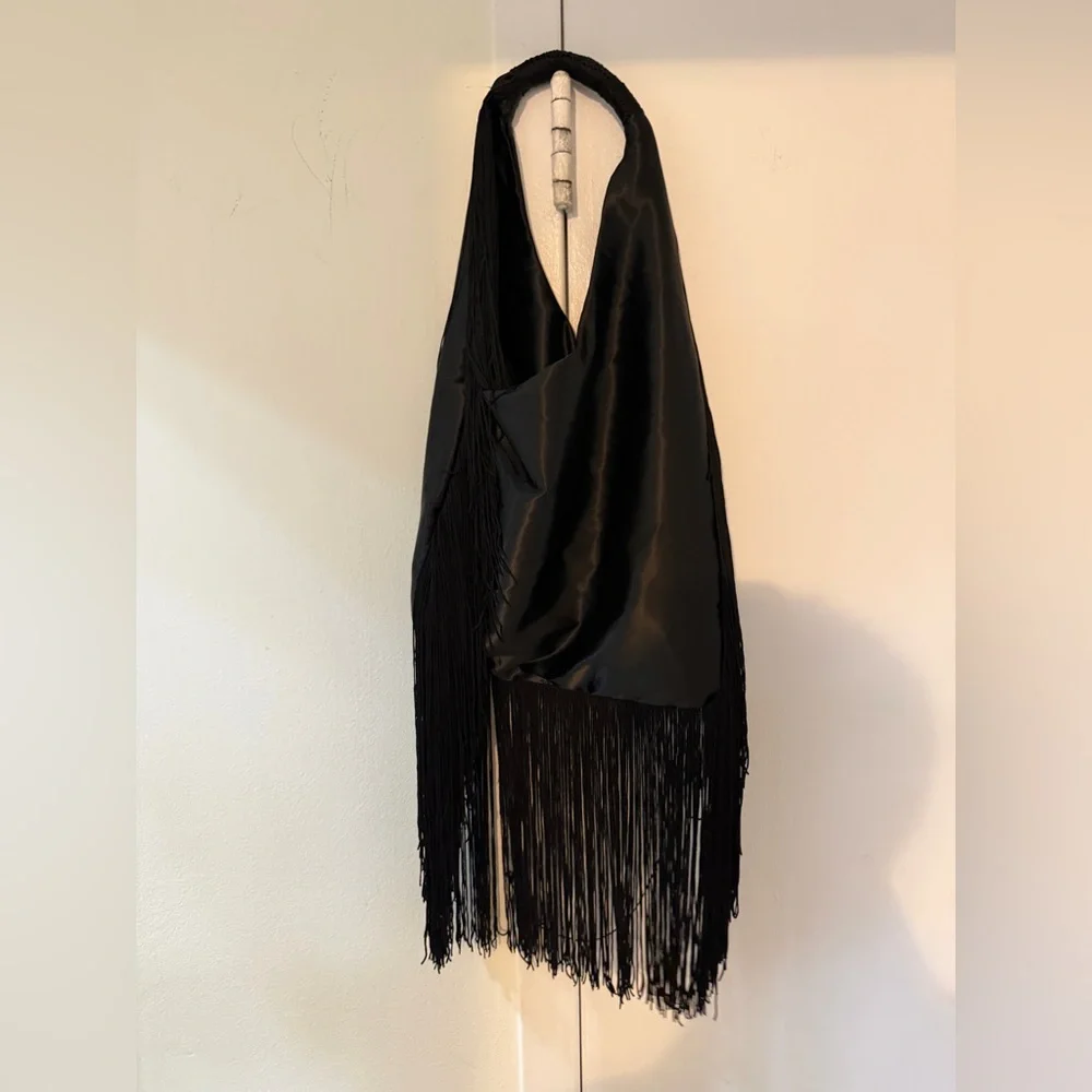 Zara Black Satin Fringe Hobo Bag - Picture 1 of 2